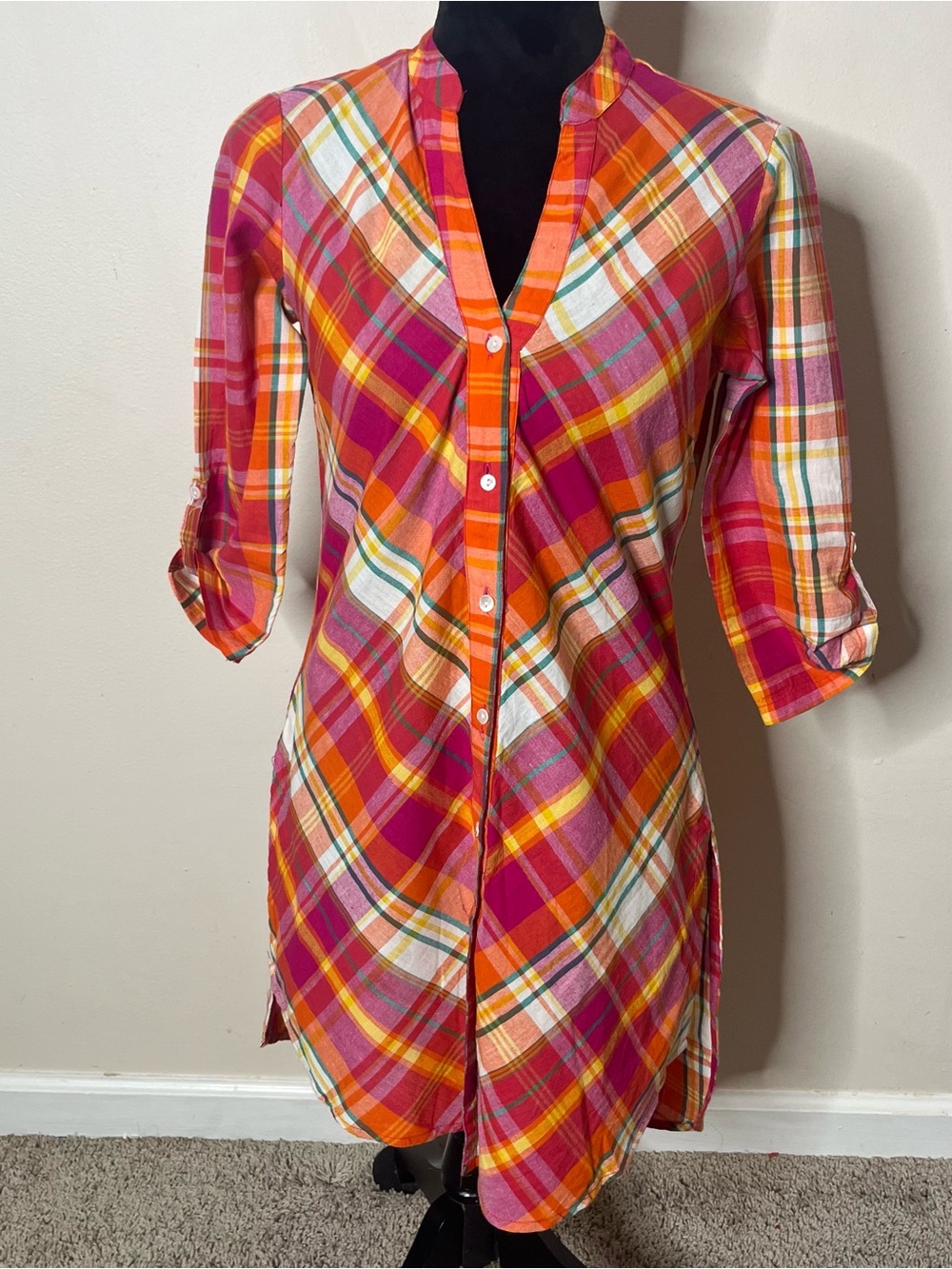 Biba Orange Yellow Plaid V~Neck Button Split 3/4 Sleeve Cotton Tunic Top 32/S